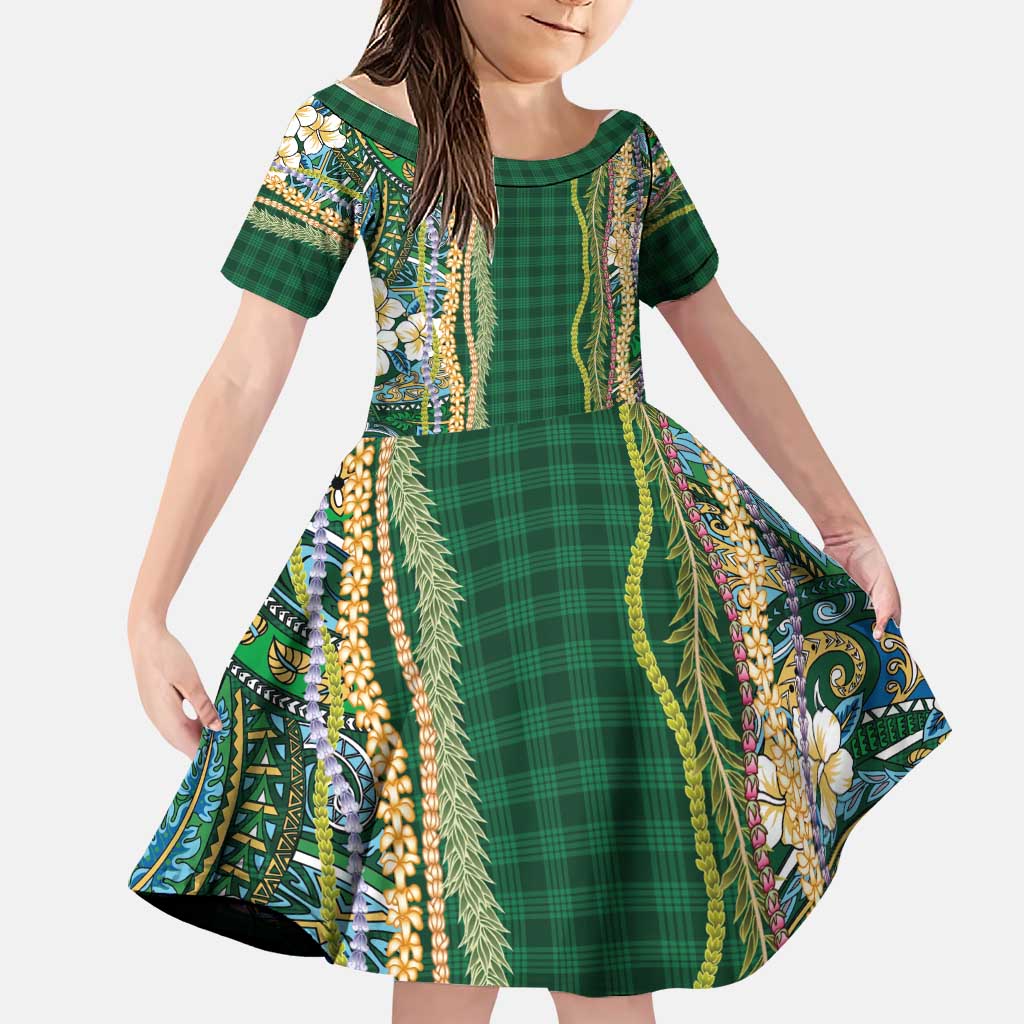Hawaiian Art Flower Tribal with Lei Family Matching Tank Maxi Dress and Hawaiian Shirt Palaka Pattern Green Color LT03 Daughter's Dress Green - Polynesian Pride