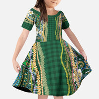 Hawaiian Art Flower Tribal with Lei Family Matching Tank Maxi Dress and Hawaiian Shirt Palaka Pattern Green Color LT03 Daughter's Dress Green - Polynesian Pride