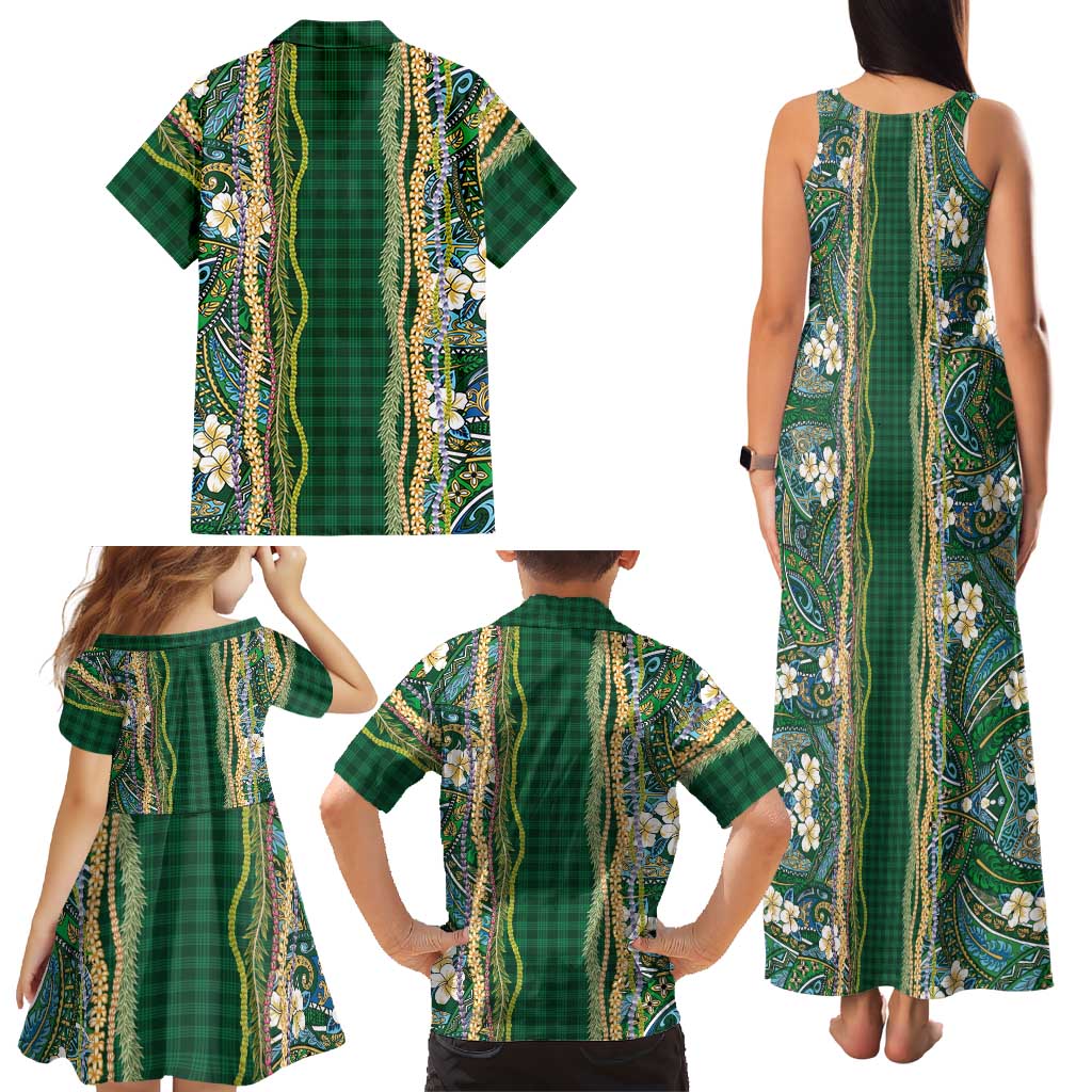 Hawaiian Art Flower Tribal with Lei Family Matching Tank Maxi Dress and Hawaiian Shirt Palaka Pattern Green Color LT03 - Polynesian Pride