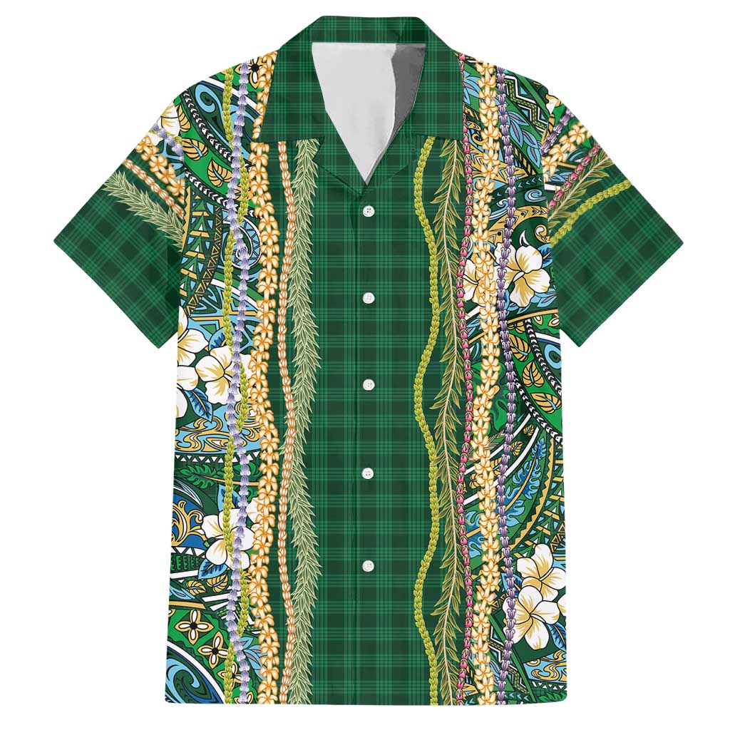 Hawaiian Art Flower Tribal with Lei Hawaiian Shirt Palaka Pattern Green Color - Polynesian Pride