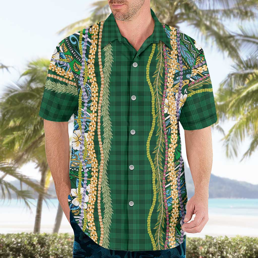 Hawaiian Art Flower Tribal with Lei Hawaiian Shirt Palaka Pattern Green Color - Polynesian Pride