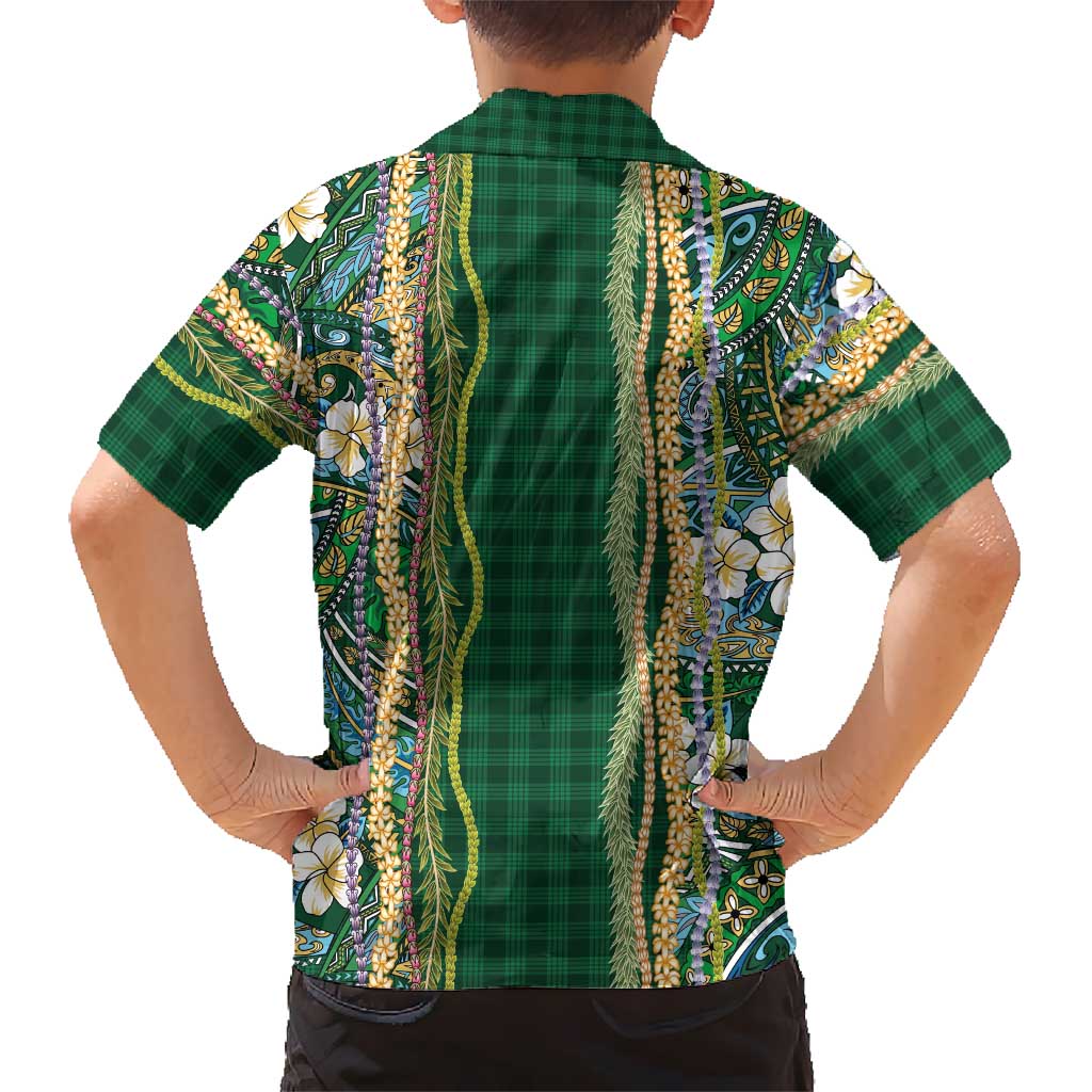 Hawaiian Art Flower Tribal with Lei Hawaiian Shirt Palaka Pattern Green Color - Polynesian Pride