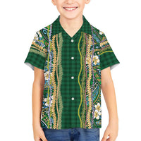 Hawaiian Art Flower Tribal with Lei Kid Hawaiian Shirt Palaka Pattern Green Color - Polynesian Pride