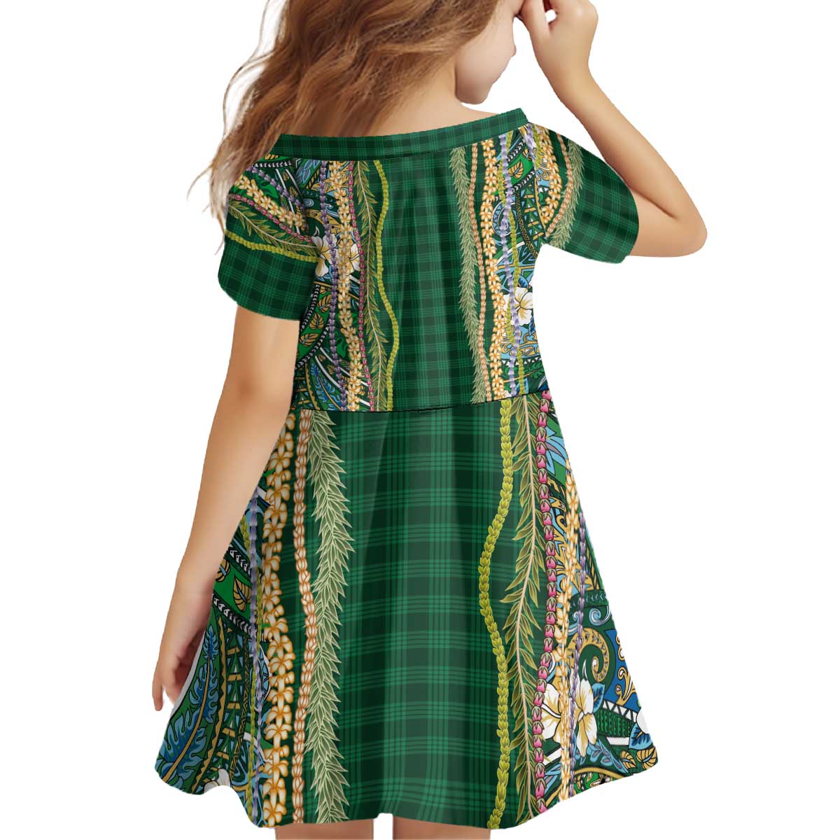 Hawaiian Art Flower Tribal with Lei Kid Short Sleeve Dress Palaka Pattern Green Color - Polynesian Pride