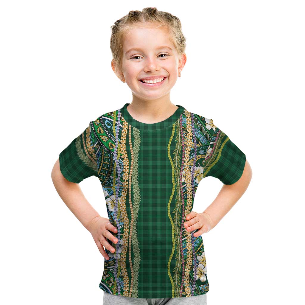 Hawaiian Art Flower Tribal with Lei Kid T Shirt Palaka Pattern Green Color - Polynesian Pride