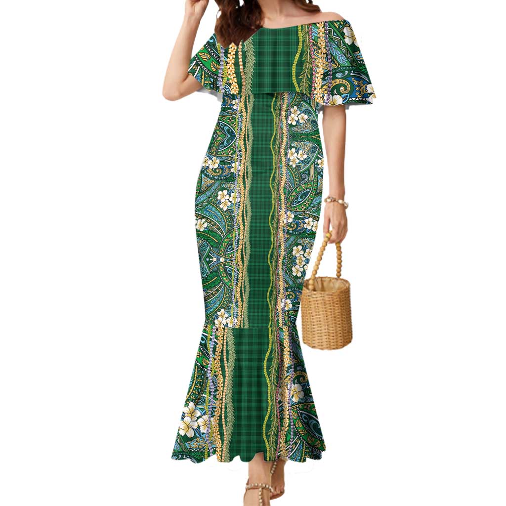 Hawaiian Art Flower Tribal with Lei Mermaid Dress Palaka Pattern Green Color - Polynesian Pride