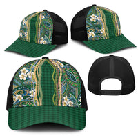 Hawaiian Art Flower Tribal with Lei Mesh Trucker Cap Palaka Pattern Green Color - Polynesian Pride