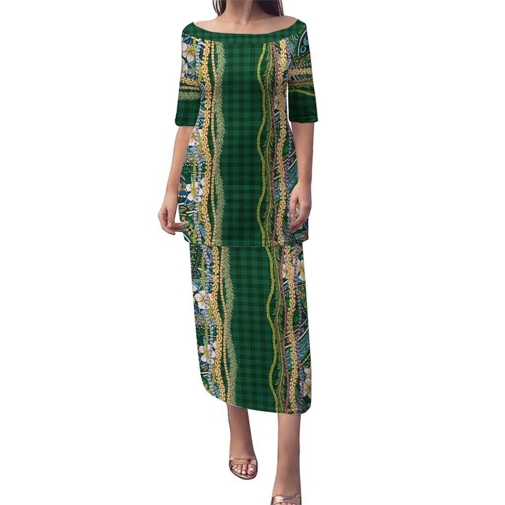 Hawaiian Art Flower Tribal with Lei Puletasi Palaka Pattern Green Color - Polynesian Pride