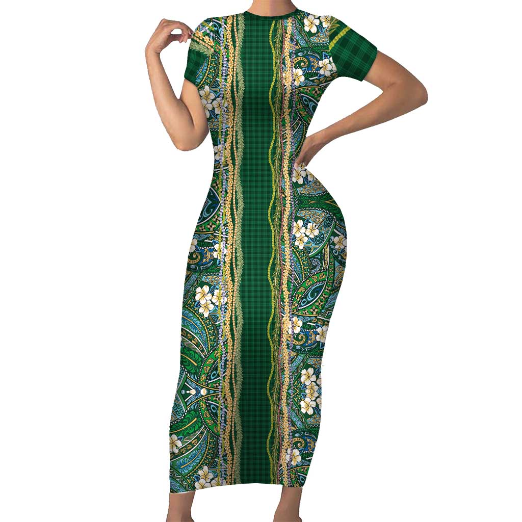 Hawaiian Art Flower Tribal with Lei Short Sleeve Bodycon Dress Palaka Pattern Green Color - Polynesian Pride