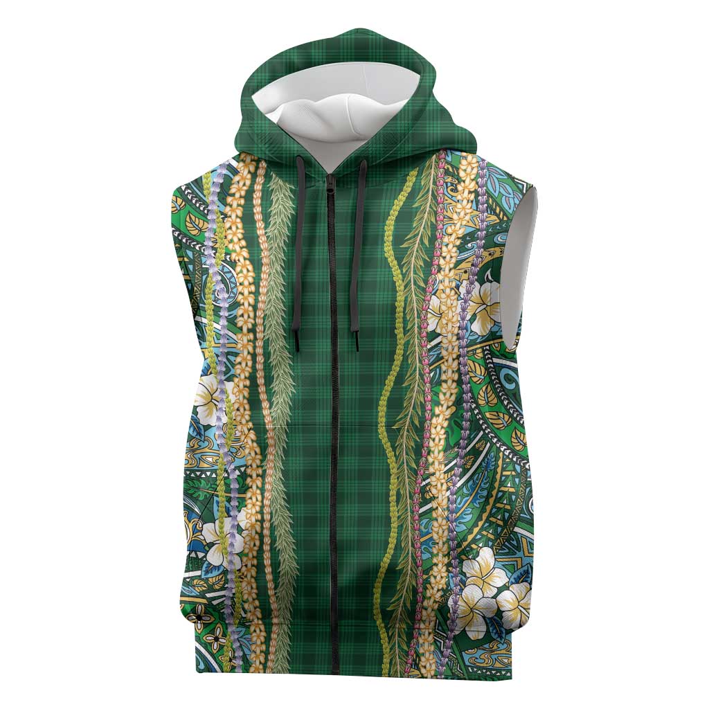 Hawaiian Art Flower Tribal with Lei Sleeveless Zip Hoodie Palaka Pattern Green Color LT03 Green - Polynesian Pride