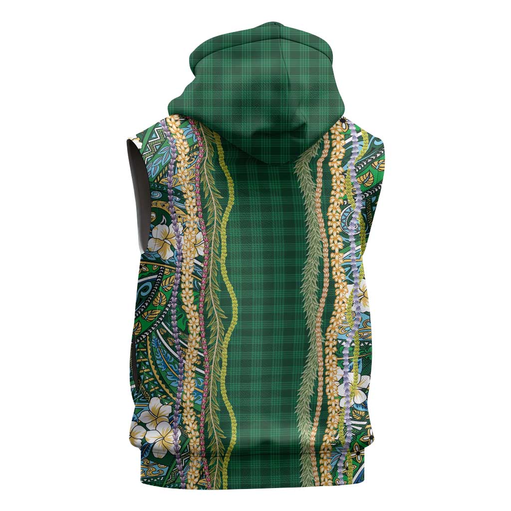 Hawaiian Art Flower Tribal with Lei Sleeveless Zip Hoodie Palaka Pattern Green Color LT03 - Polynesian Pride