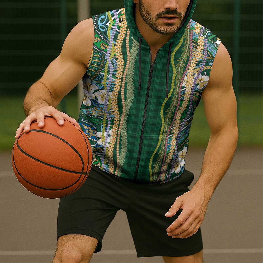 Hawaiian Art Flower Tribal with Lei Sleeveless Zip Hoodie Palaka Pattern Green Color LT03 - Polynesian Pride