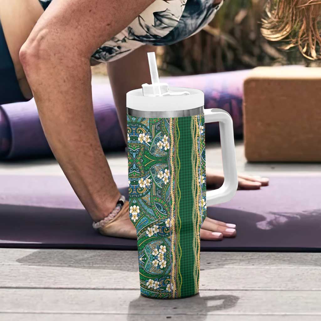 Hawaiian Art Flower Tribal with Lei Tumbler With Handle Palaka Pattern Green Color - Polynesian Pride