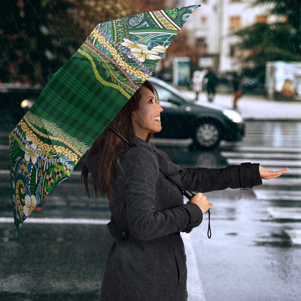 Hawaiian Art Flower Tribal with Lei Umbrella Palaka Pattern Green Color - Polynesian Pride