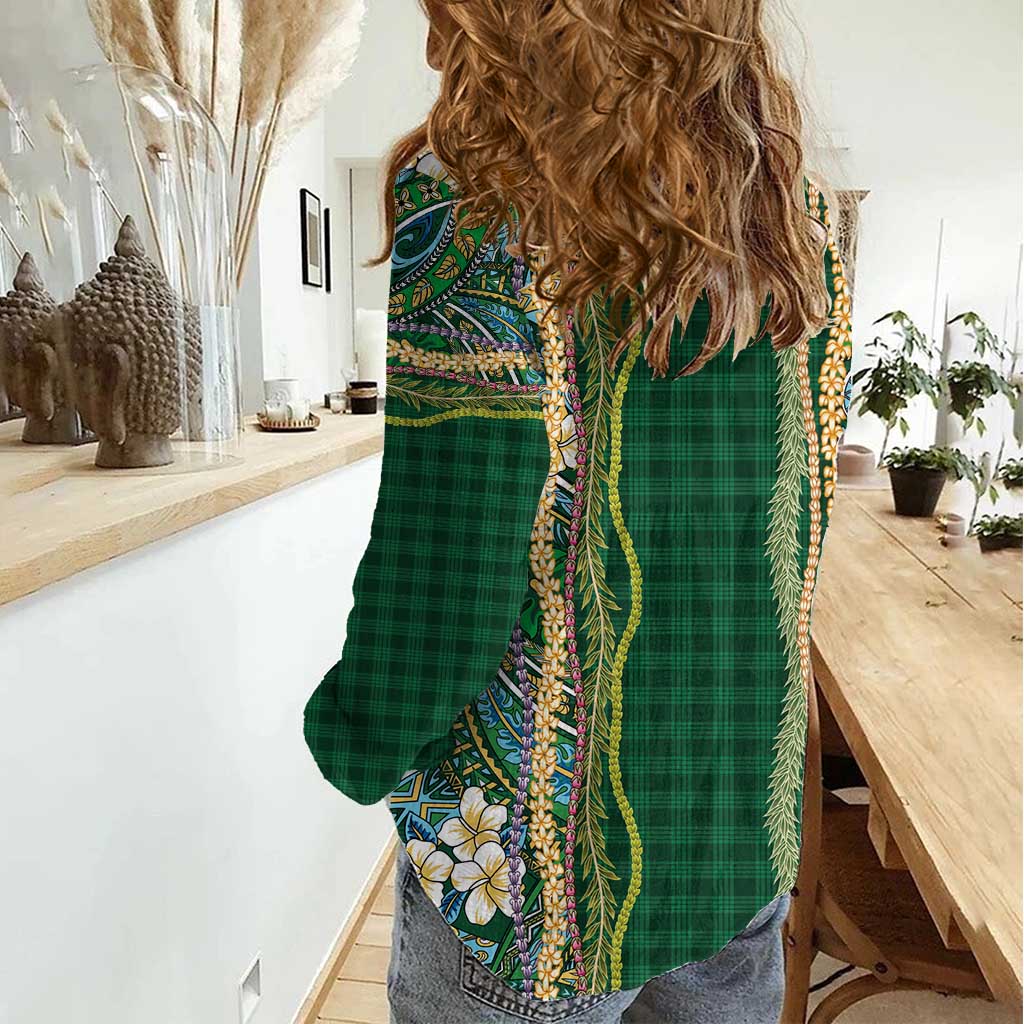 Hawaiian Art Flower Tribal with Lei Women Casual Shirt Palaka Pattern Green Color - Polynesian Pride