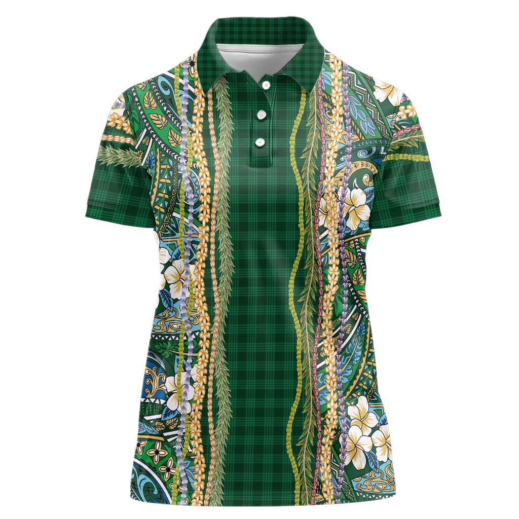Hawaiian Art Flower Tribal with Lei Women Polo Shirt Palaka Pattern Green Color - Polynesian Pride