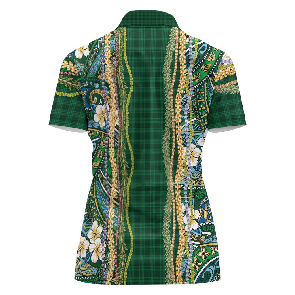 Hawaiian Art Flower Tribal with Lei Women Polo Shirt Palaka Pattern Green Color - Polynesian Pride