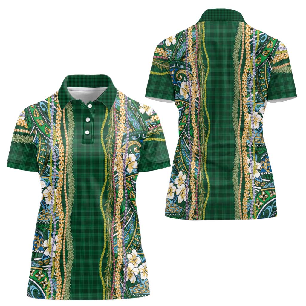 Hawaiian Art Flower Tribal with Lei Women Polo Shirt Palaka Pattern Green Color - Polynesian Pride