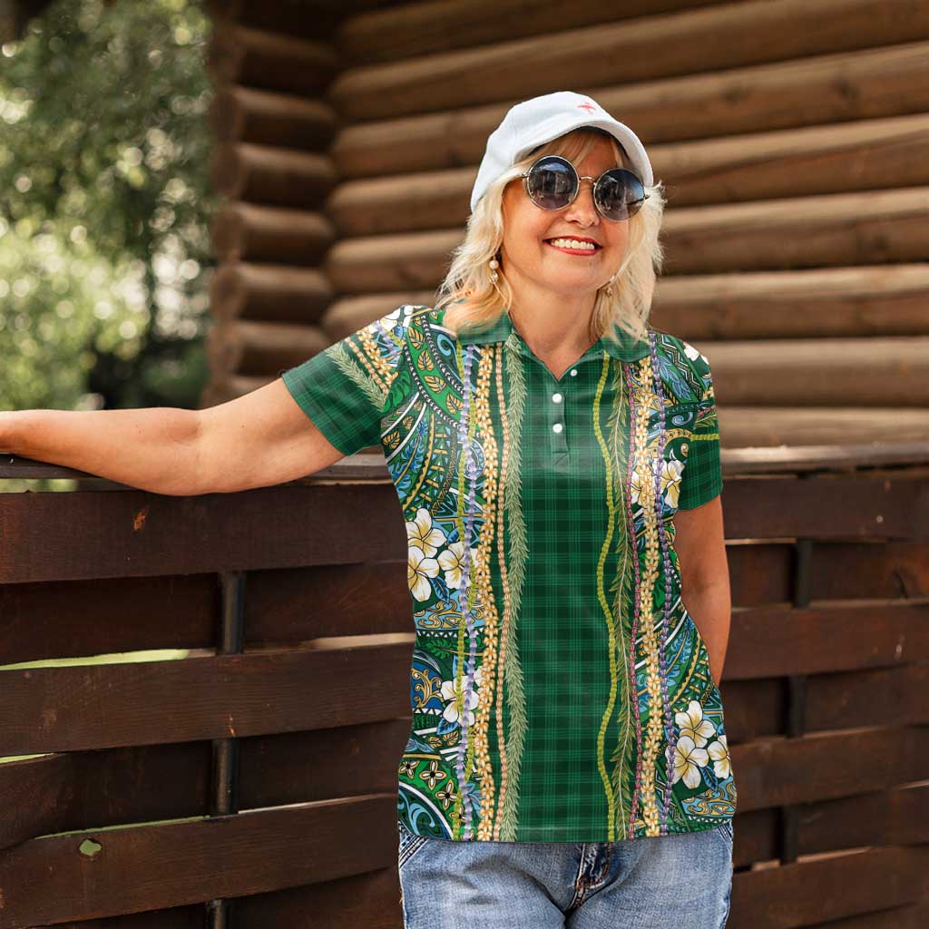 Hawaiian Art Flower Tribal with Lei Women Polo Shirt Palaka Pattern Green Color - Polynesian Pride