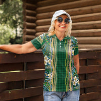 Hawaiian Art Flower Tribal with Lei Women Polo Shirt Palaka Pattern Green Color - Polynesian Pride