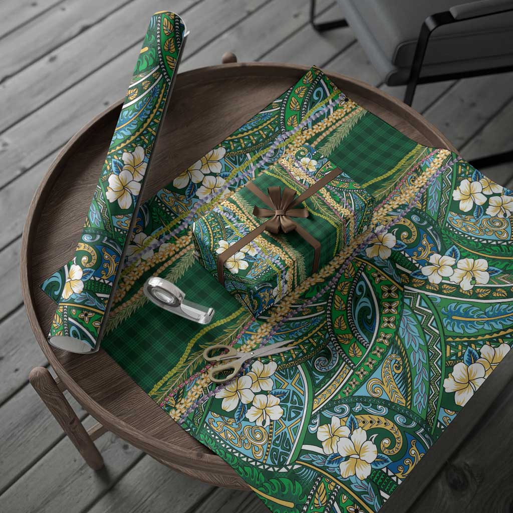 Hawaiian Art Flower Tribal with Lei Wrapping Paper Palaka Pattern Green Color - Polynesian Pride