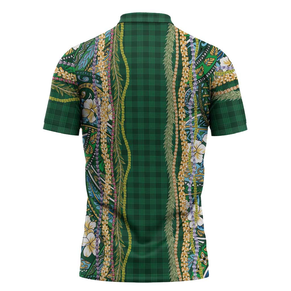 Hawaiian Art Flower Tribal with Lei Zipper Polo Shirt Palaka Pattern Green Color - Polynesian Pride