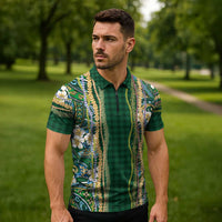 Hawaiian Art Flower Tribal with Lei Zipper Polo Shirt Palaka Pattern Green Color - Polynesian Pride