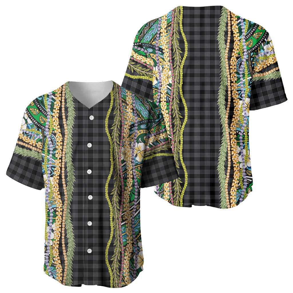 Hawaiian Art Flower Tribal with Lei Baseball Jersey Palaka Pattern Black Color - Polynesian Pride