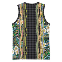 Hawaiian Art Flower Tribal with Lei Basketball Jersey Palaka Pattern Black Color - Polynesian Pride
