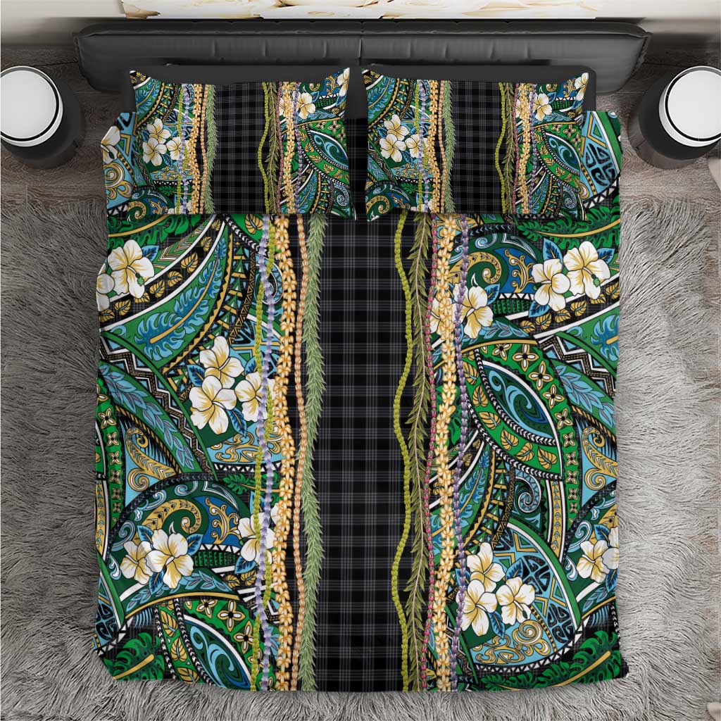Hawaiian Art Flower Tribal with Lei Bedding Set Palaka Pattern Black Color LT03 Black - Polynesian Pride
