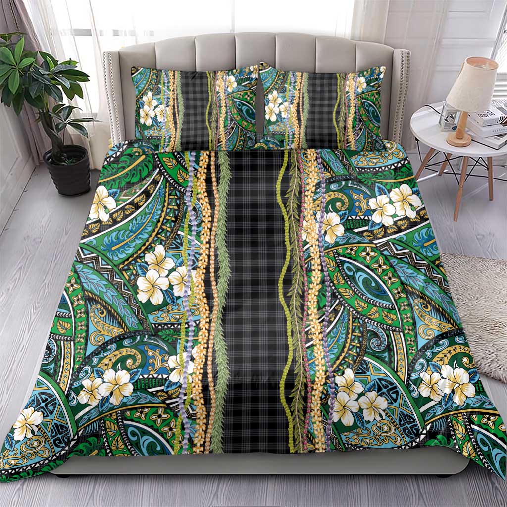 Hawaiian Art Flower Tribal with Lei Bedding Set Palaka Pattern Black Color LT03 - Polynesian Pride