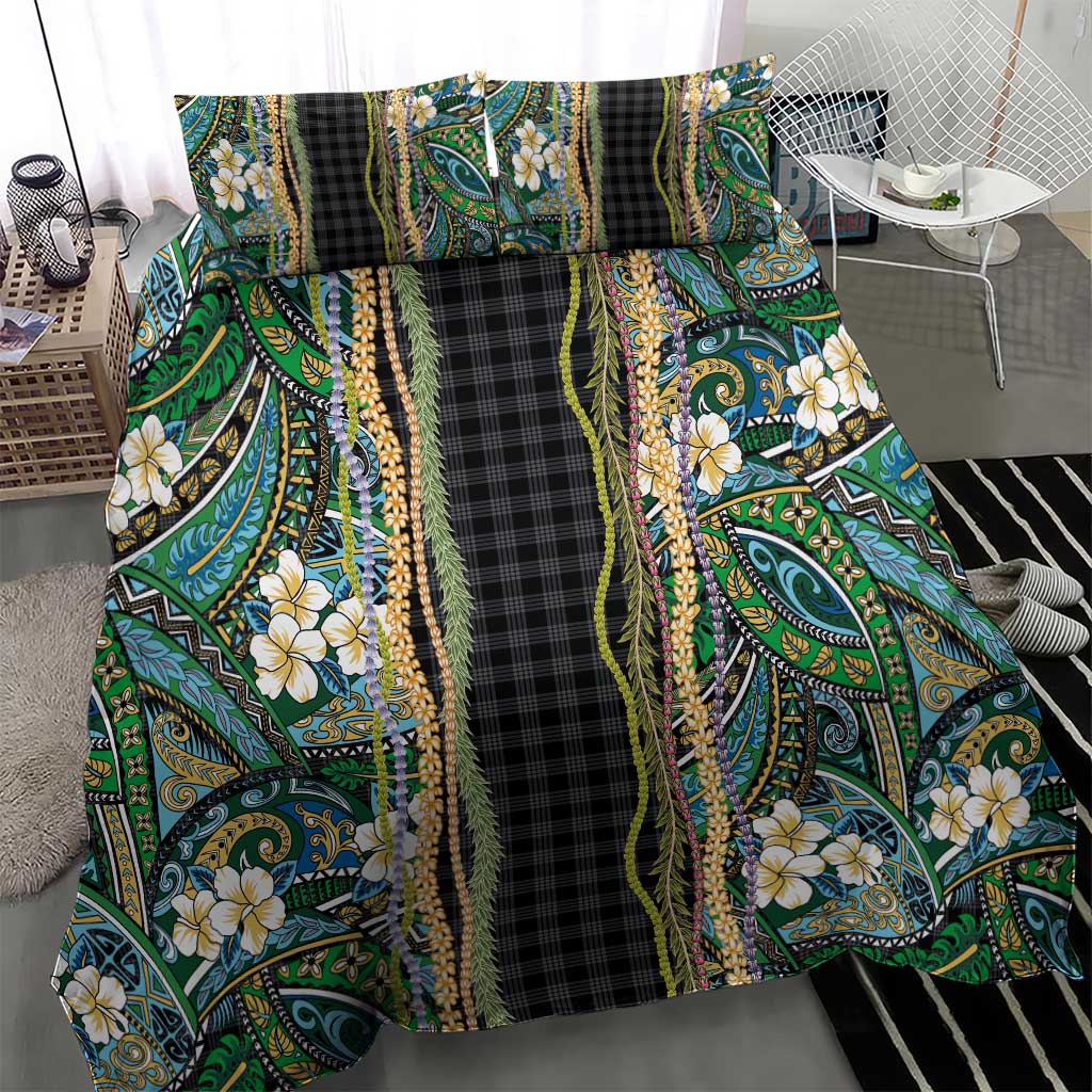 Hawaiian Art Flower Tribal with Lei Bedding Set Palaka Pattern Black Color LT03 - Polynesian Pride