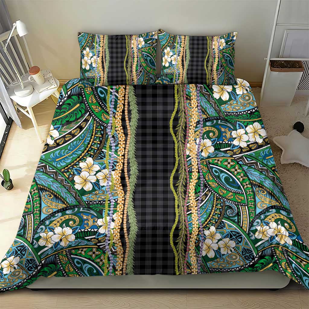 Hawaiian Art Flower Tribal with Lei Bedding Set Palaka Pattern Black Color LT03 - Polynesian Pride