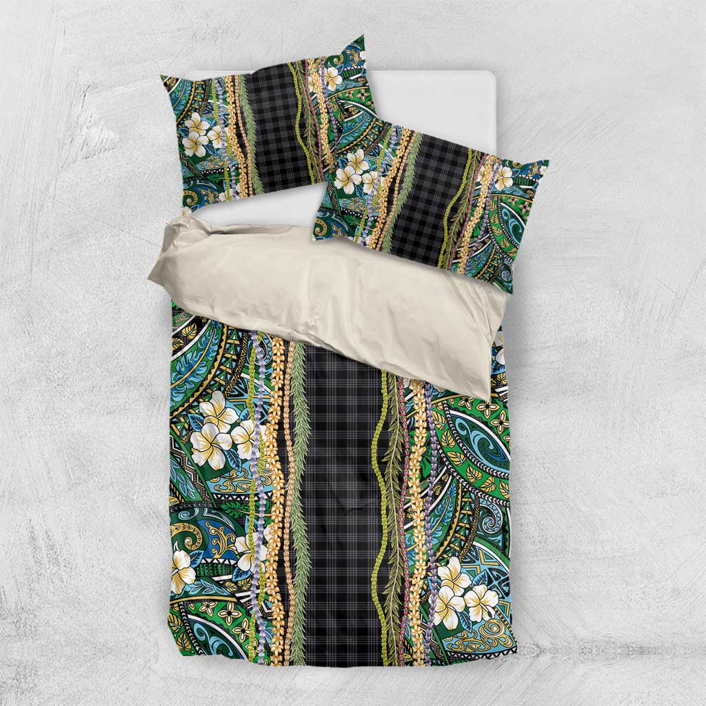 Hawaiian Art Flower Tribal with Lei Bedding Set Palaka Pattern Black Color LT03 US Twin 172cm x 218cm Black - Polynesian Pride