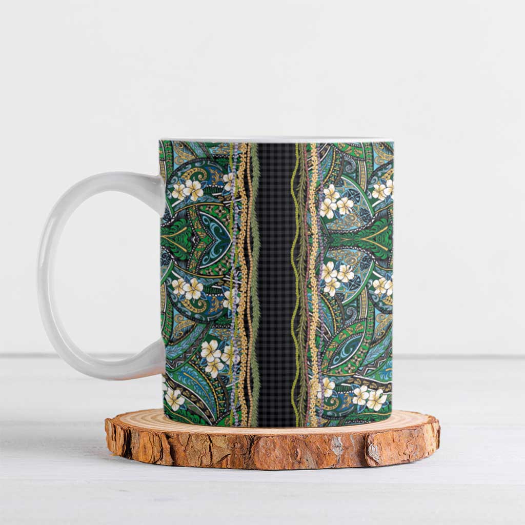 Hawaiian Art Flower Tribal with Lei Ceramic Mug Palaka Pattern Black Color - Polynesian Pride