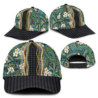 Hawaiian Art Flower Tribal with Lei Classic Cap Palaka Pattern Black Color - Polynesian Pride