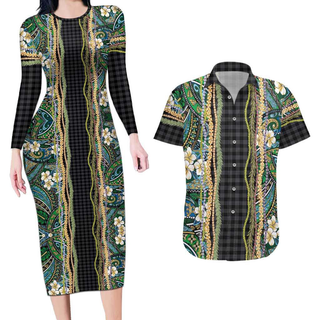 Hawaiian Art Flower Tribal with Lei Couples Matching Long Sleeve Bodycon Dress and Hawaiian Shirt Palaka Pattern Black Color LT03 Black - Polynesian Pride
