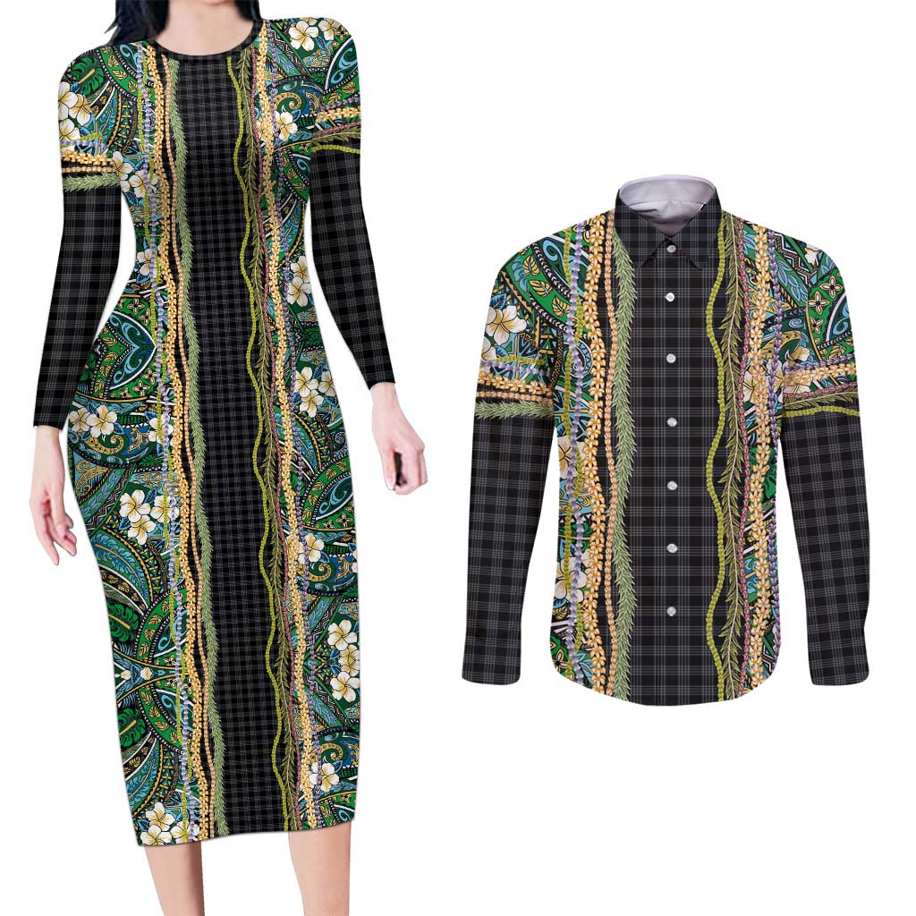 Hawaiian Art Flower Tribal with Lei Couples Matching Long Sleeve Bodycon Dress and Long Sleeve Button Shirt Palaka Pattern Black Color - Polynesian Pride