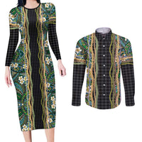Hawaiian Art Flower Tribal with Lei Couples Matching Long Sleeve Bodycon Dress and Long Sleeve Button Shirt Palaka Pattern Black Color - Polynesian Pride