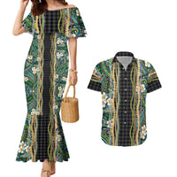 Hawaiian Art Flower Tribal with Lei Couples Matching Mermaid Dress and Hawaiian Shirt Palaka Pattern Black Color LT03 Black - Polynesian Pride