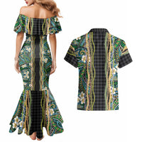 Hawaiian Art Flower Tribal with Lei Couples Matching Mermaid Dress and Hawaiian Shirt Palaka Pattern Black Color LT03 - Polynesian Pride