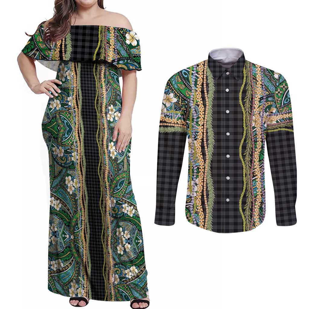Hawaiian Art Flower Tribal with Lei Couples Matching Off Shoulder Maxi Dress and Long Sleeve Button Shirt Palaka Pattern Black Color - Polynesian Pride