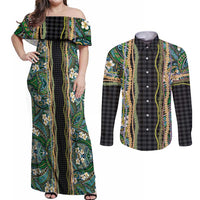 Hawaiian Art Flower Tribal with Lei Couples Matching Off Shoulder Maxi Dress and Long Sleeve Button Shirt Palaka Pattern Black Color - Polynesian Pride