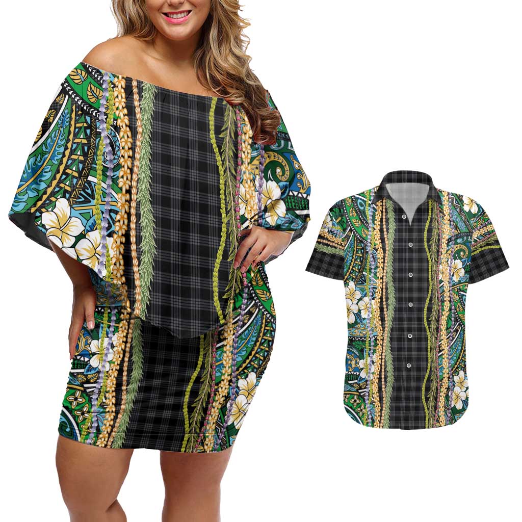 Hawaiian Art Flower Tribal with Lei Couples Matching Off Shoulder Short Dress and Hawaiian Shirt Palaka Pattern Black Color - Polynesian Pride