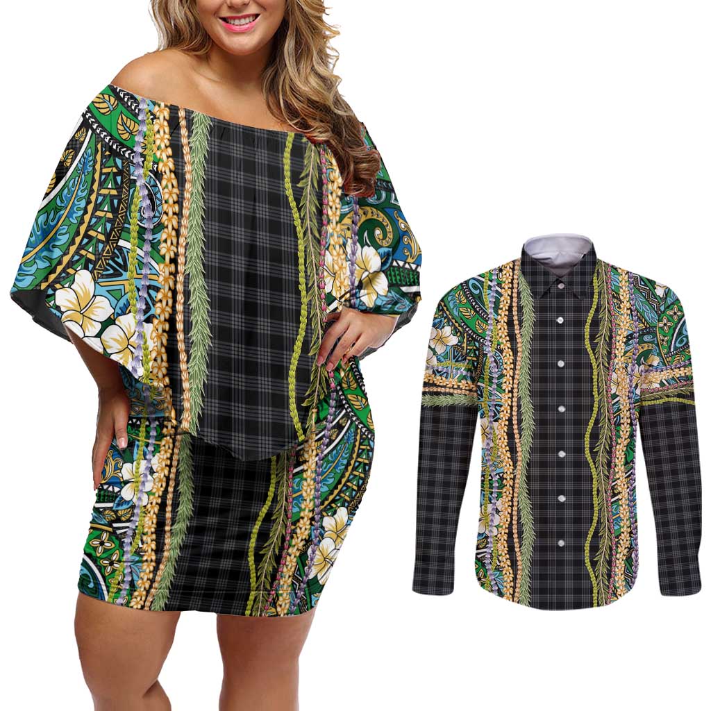 Hawaiian Art Flower Tribal with Lei Couples Matching Off Shoulder Short Dress and Long Sleeve Button Shirt Palaka Pattern Black Color - Polynesian Pride