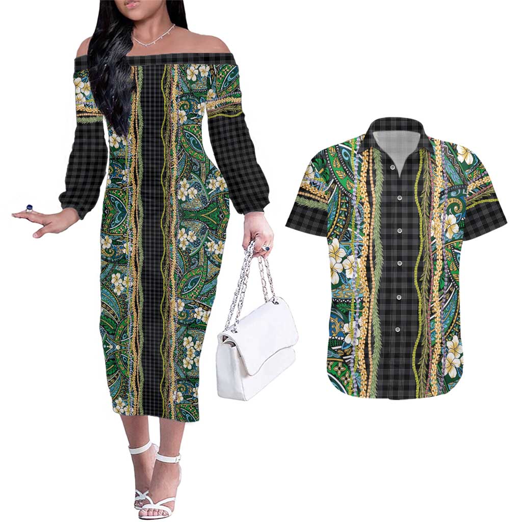Hawaiian Art Flower Tribal with Lei Couples Matching Off The Shoulder Long Sleeve Dress and Hawaiian Shirt Palaka Pattern Black Color LT03 Black - Polynesian Pride