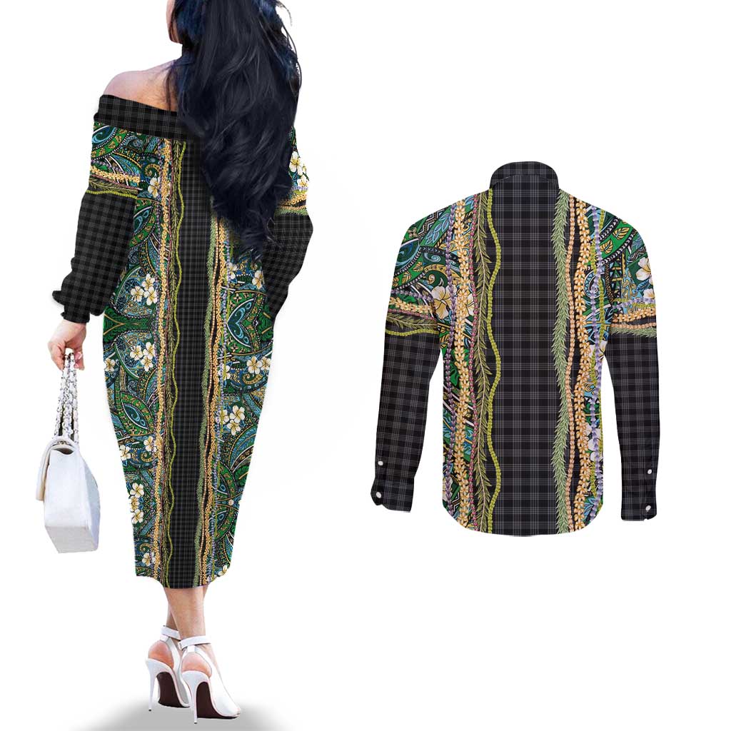 Hawaiian Art Flower Tribal with Lei Couples Matching Off The Shoulder Long Sleeve Dress and Long Sleeve Button Shirt Palaka Pattern Black Color - Polynesian Pride