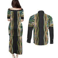 Hawaiian Art Flower Tribal with Lei Couples Matching Puletasi and Long Sleeve Button Shirt Palaka Pattern Black Color - Polynesian Pride