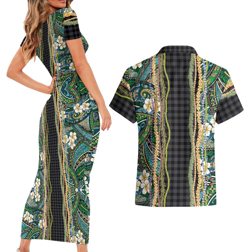 Hawaiian Art Flower Tribal with Lei Couples Matching Short Sleeve Bodycon Dress and Hawaiian Shirt Palaka Pattern Black Color LT03 - Polynesian Pride