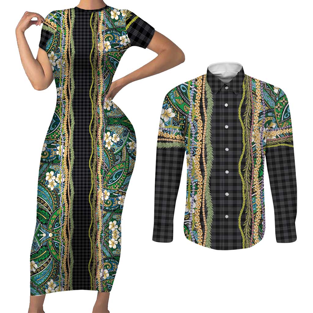 Hawaiian Art Flower Tribal with Lei Couples Matching Short Sleeve Bodycon Dress and Long Sleeve Button Shirt Palaka Pattern Black Color - Polynesian Pride